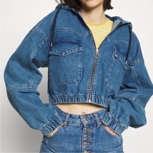 BDG Urban Outfitters Denim Cropped Bomber Jacket with Hood (Small)